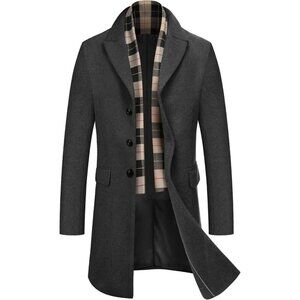 Men's Grey Trench Overcoat Wool Blend Coat with Detachable Single Breasted